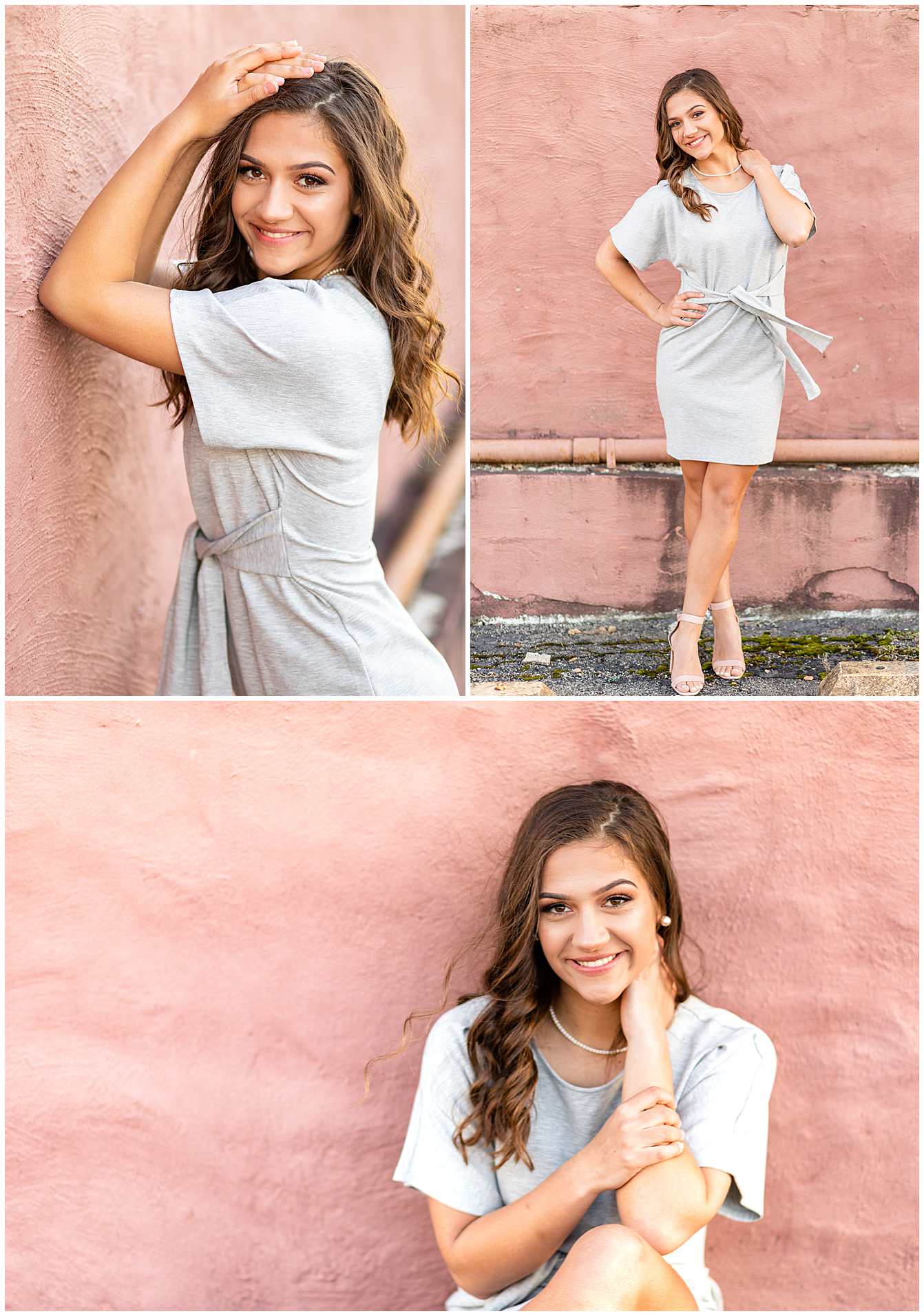 Spring Senior Photos in Urban Downtown Setting, Senior Pictures by Pink Wall in Illinois