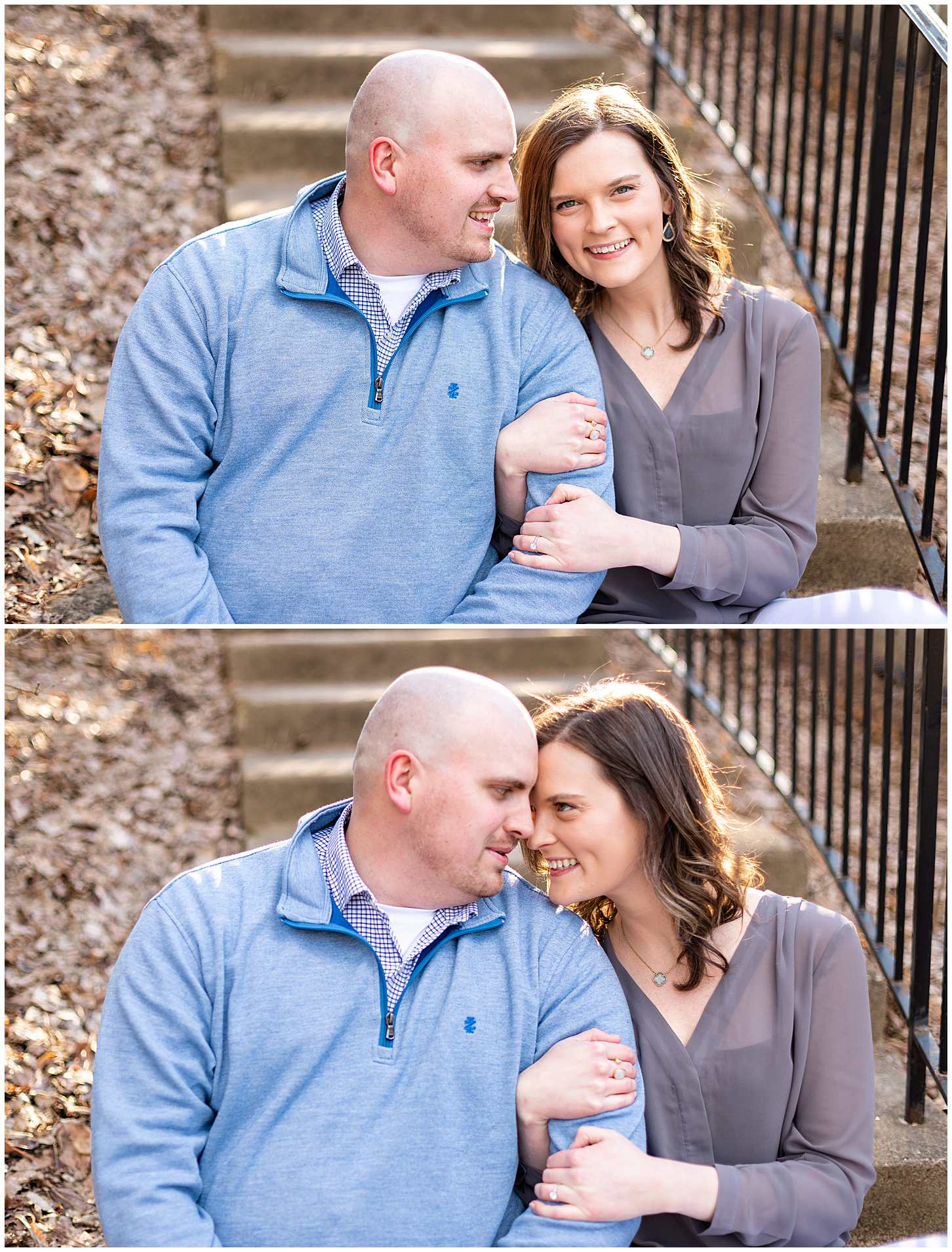 Downtown-Naperville-Engagement-Pictures-on-Stairs-Candid-Spring-Couples-Photos