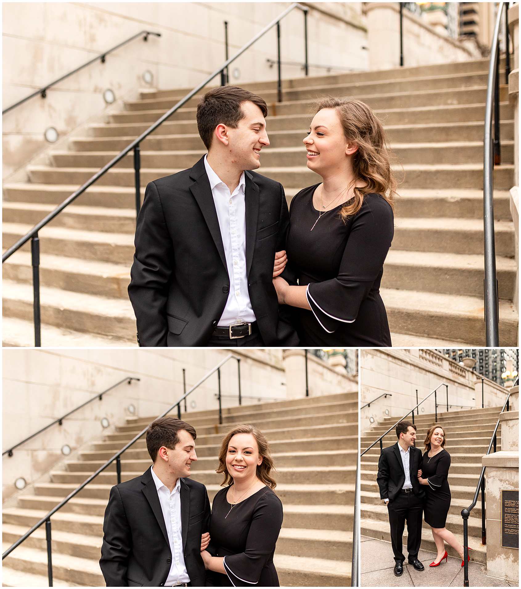Spring Engagement Photos on Chicago Riverwalk Stairs, Formal Engagement in Downtown Chicago, Elle Taylor Photography