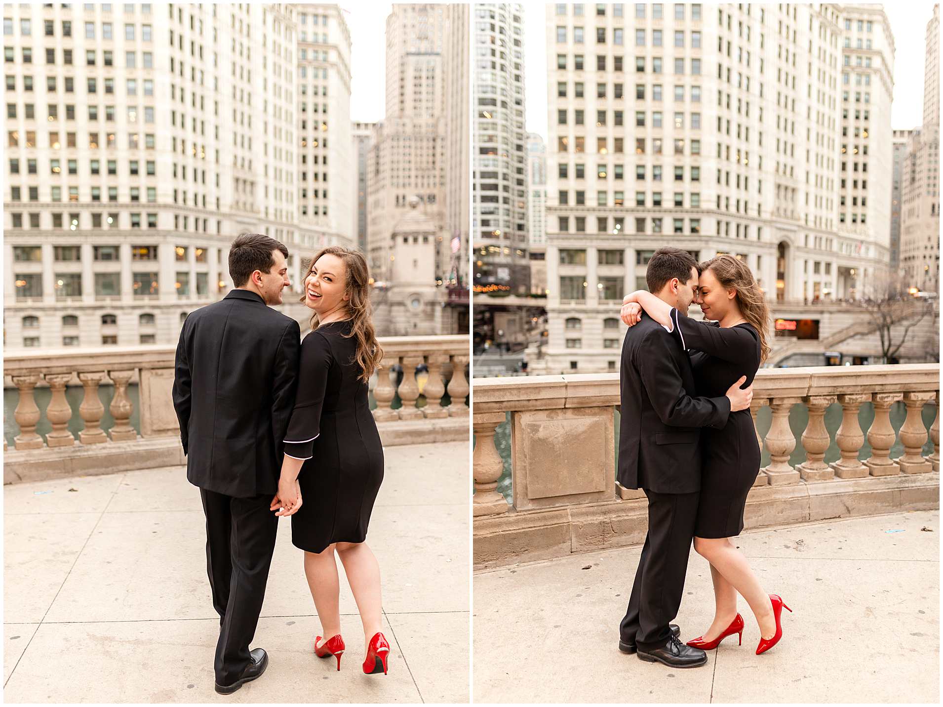 The Wrigley Building Engagement Photos, Formal Engagement Session Outfits in Downtown Chicago